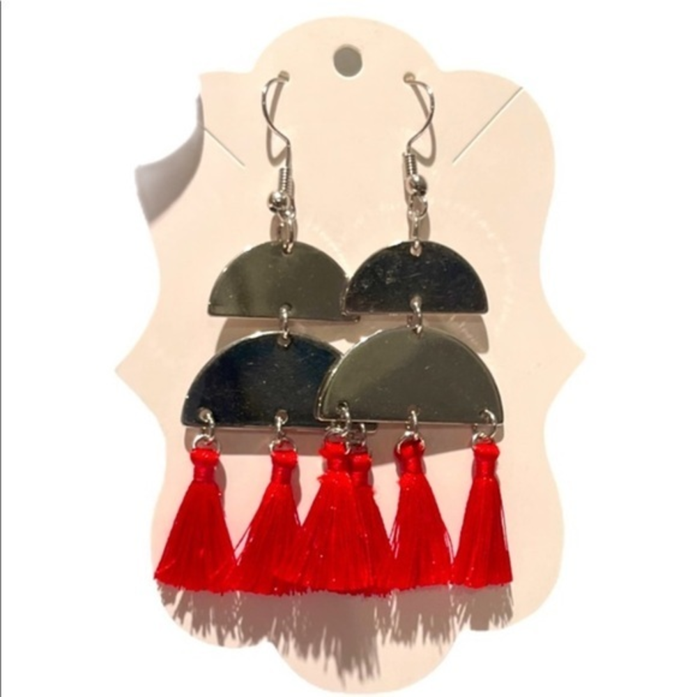 Handmade‎ boho mixed media red tassel silver metal stainless steel hook earrings